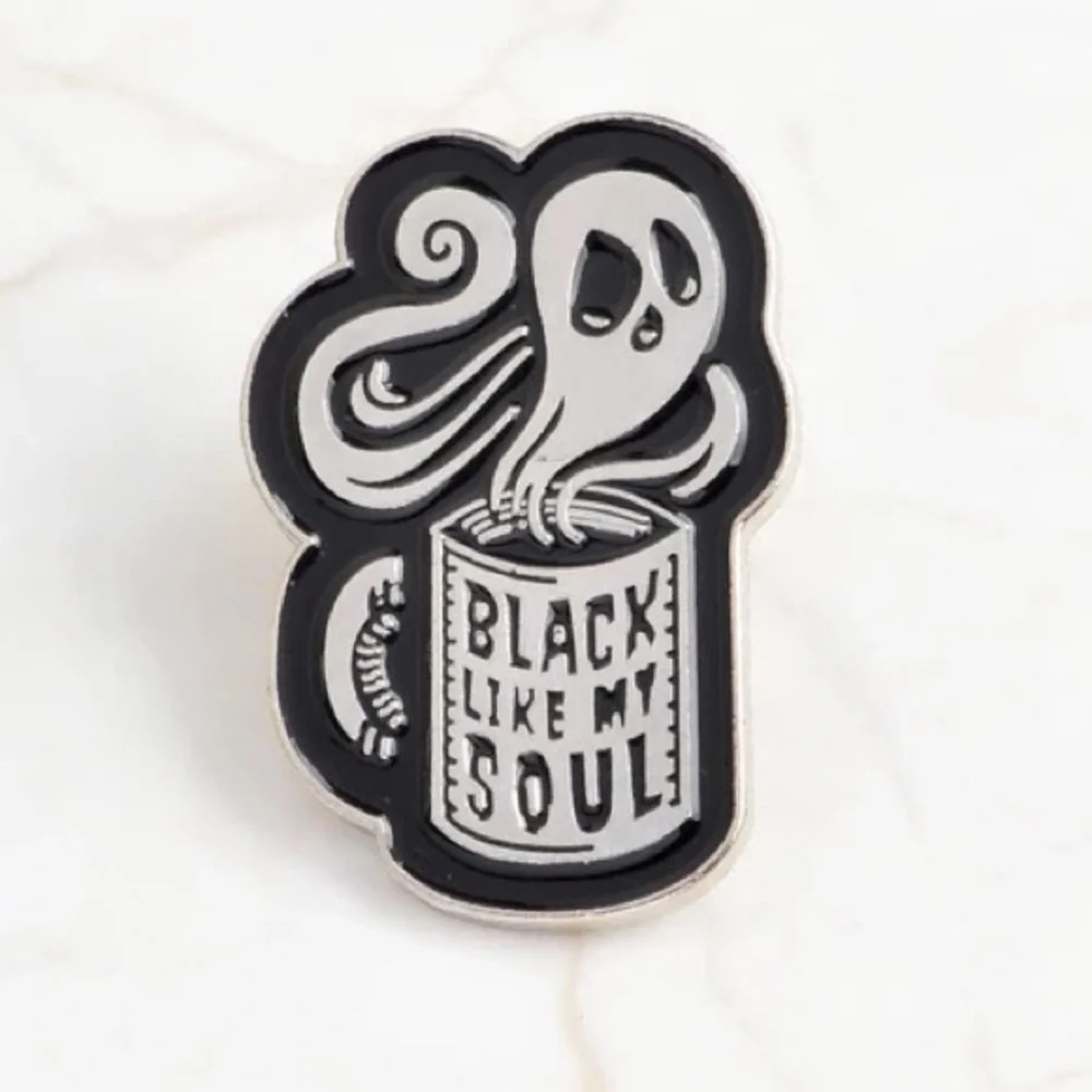 Goth Ghost Horror Coffee Mug Cup “Black Like My Soul” Metal Enamel Pin Brooch - Picture 1 of 11